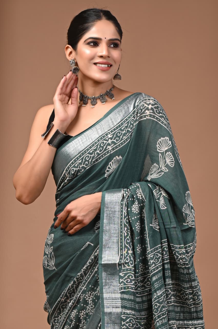 Hariyali Phulvari Linen Saree
