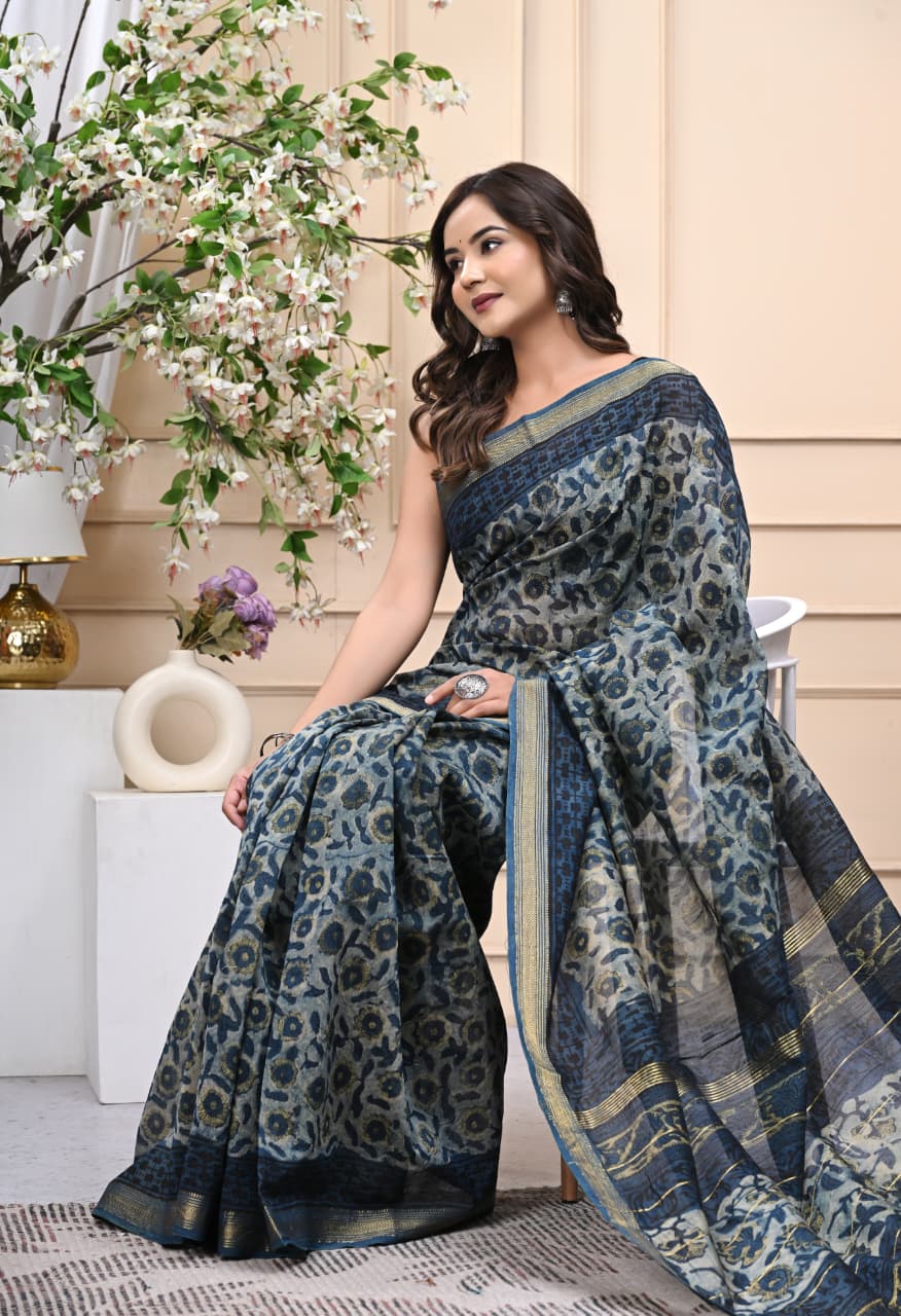 Neel Phool Baag Maheshwari Silk Saree
