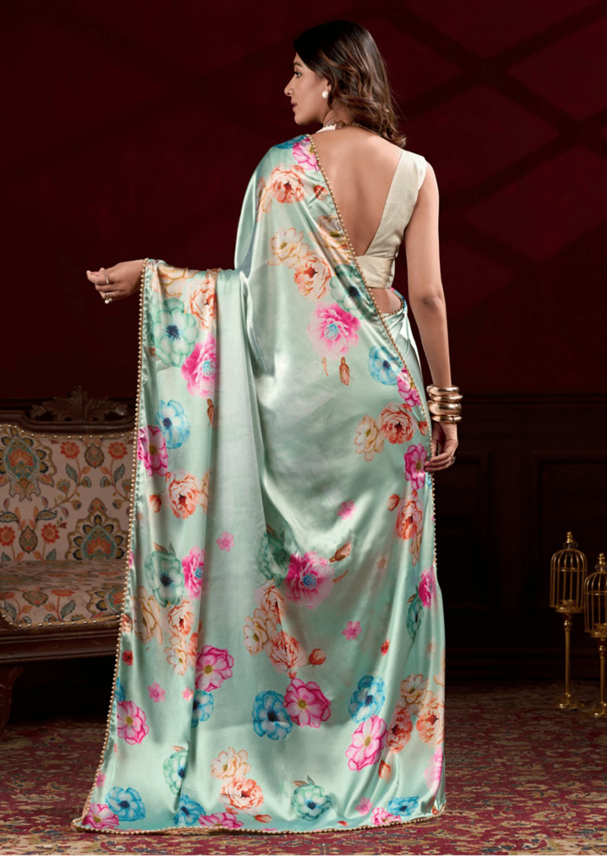 Anaya Mint Blossom Satin Silk Saree-3