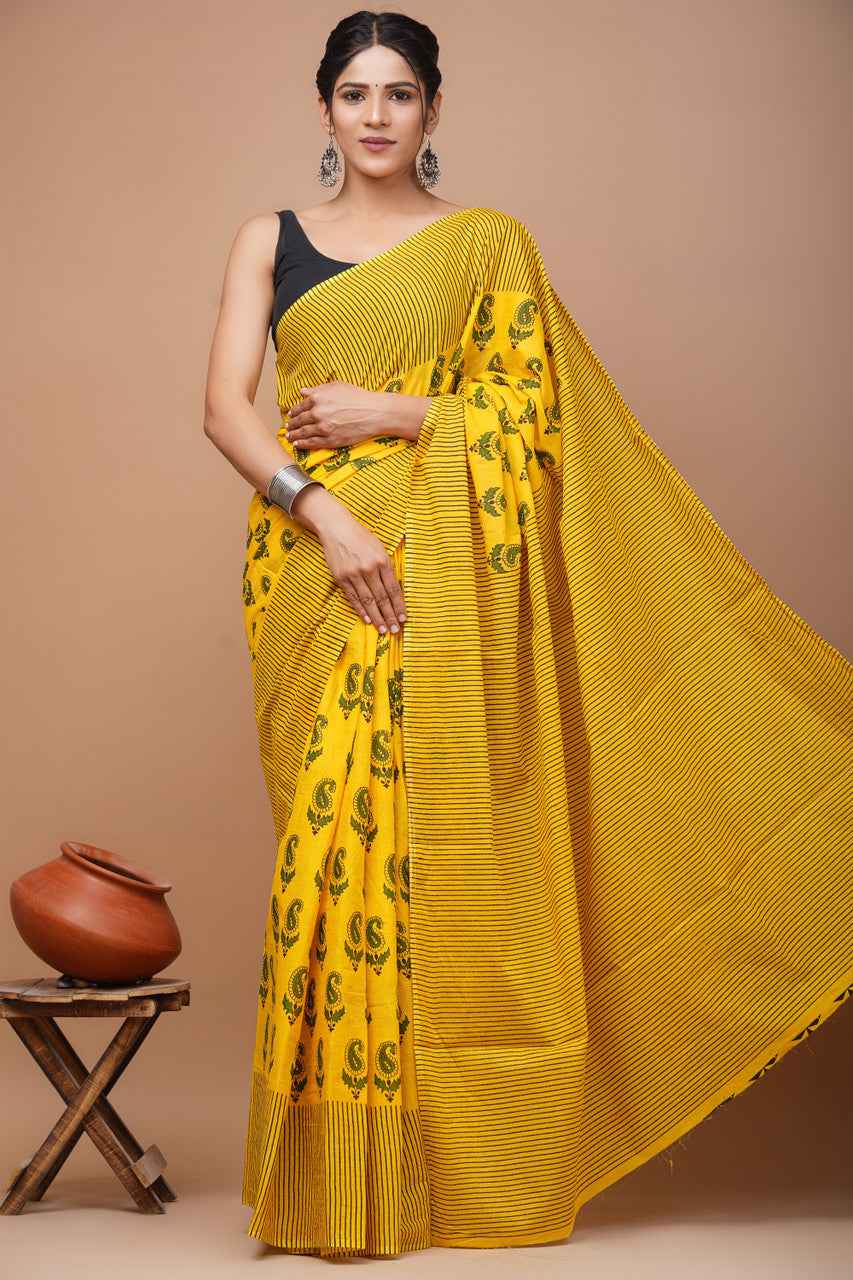 Sunburst Swirl Haldi Bloom Mulmul Cotton Saree-3