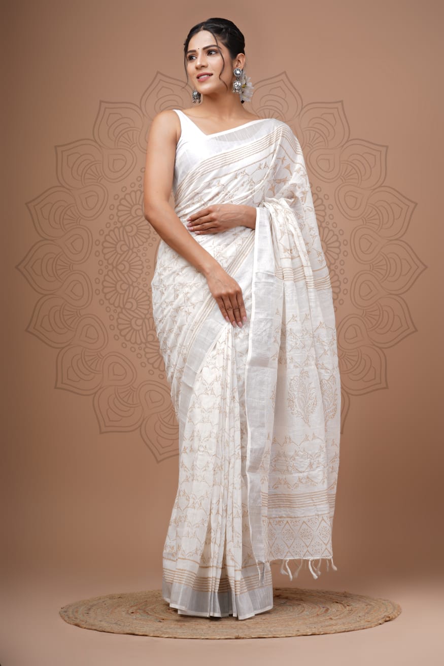 Swarupa Swan White Linen Saree