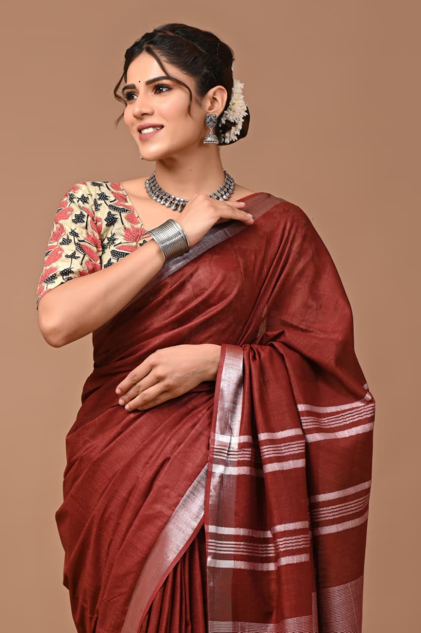 Shehej Saheli Brown Linen Saree