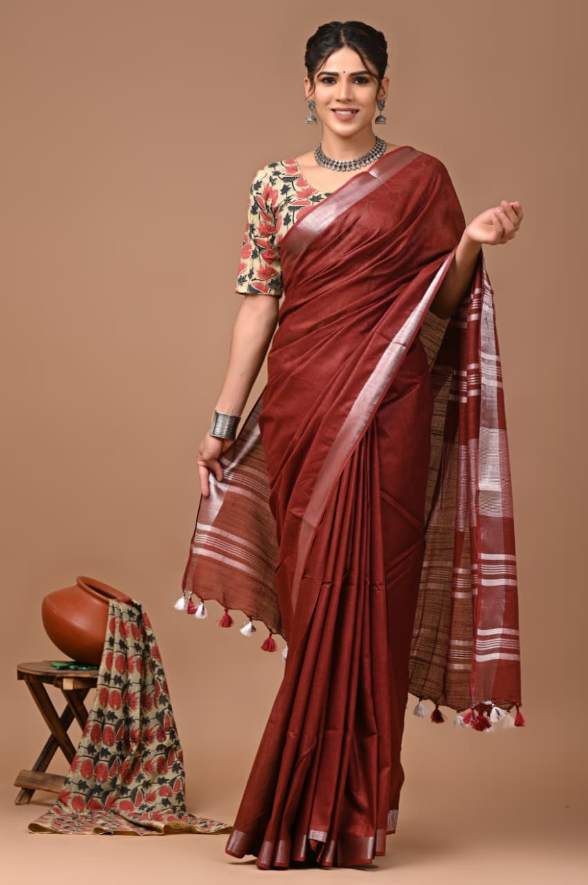 Shehej Saheli Brown Linen Saree