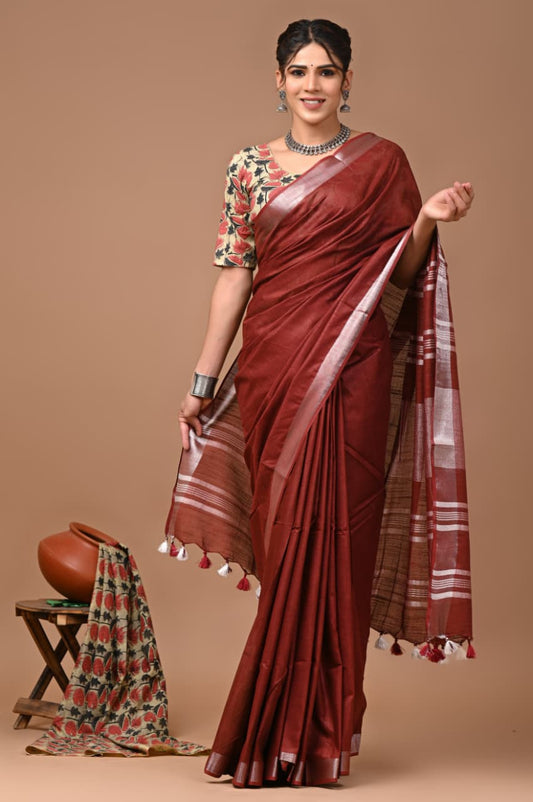 Shehej Saheli Brown Linen Saree