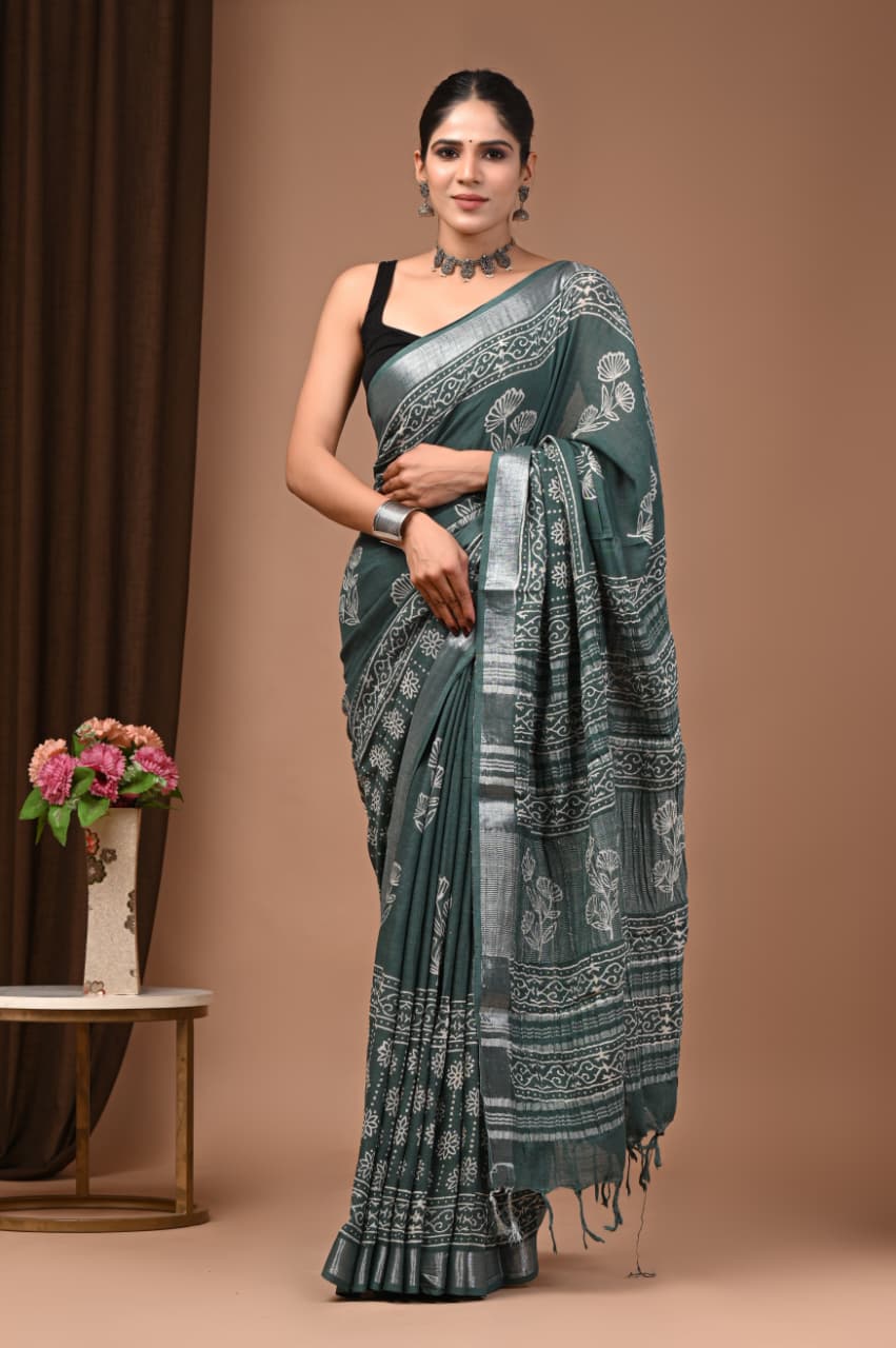 Hariyali Phulvari Linen Saree