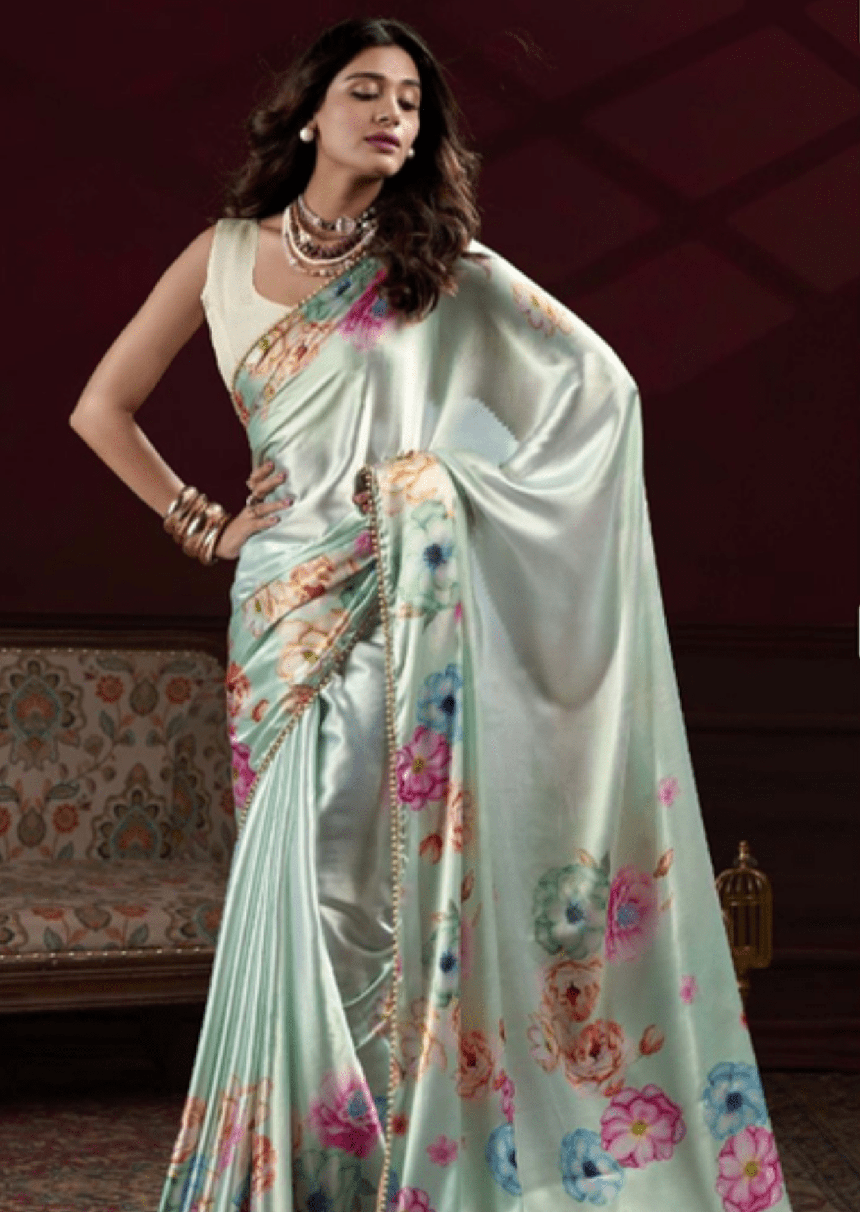 Anaya Mint Blossom Satin Silk Saree-0
