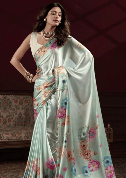 Anaya Mint Blossom Satin Silk Saree-0