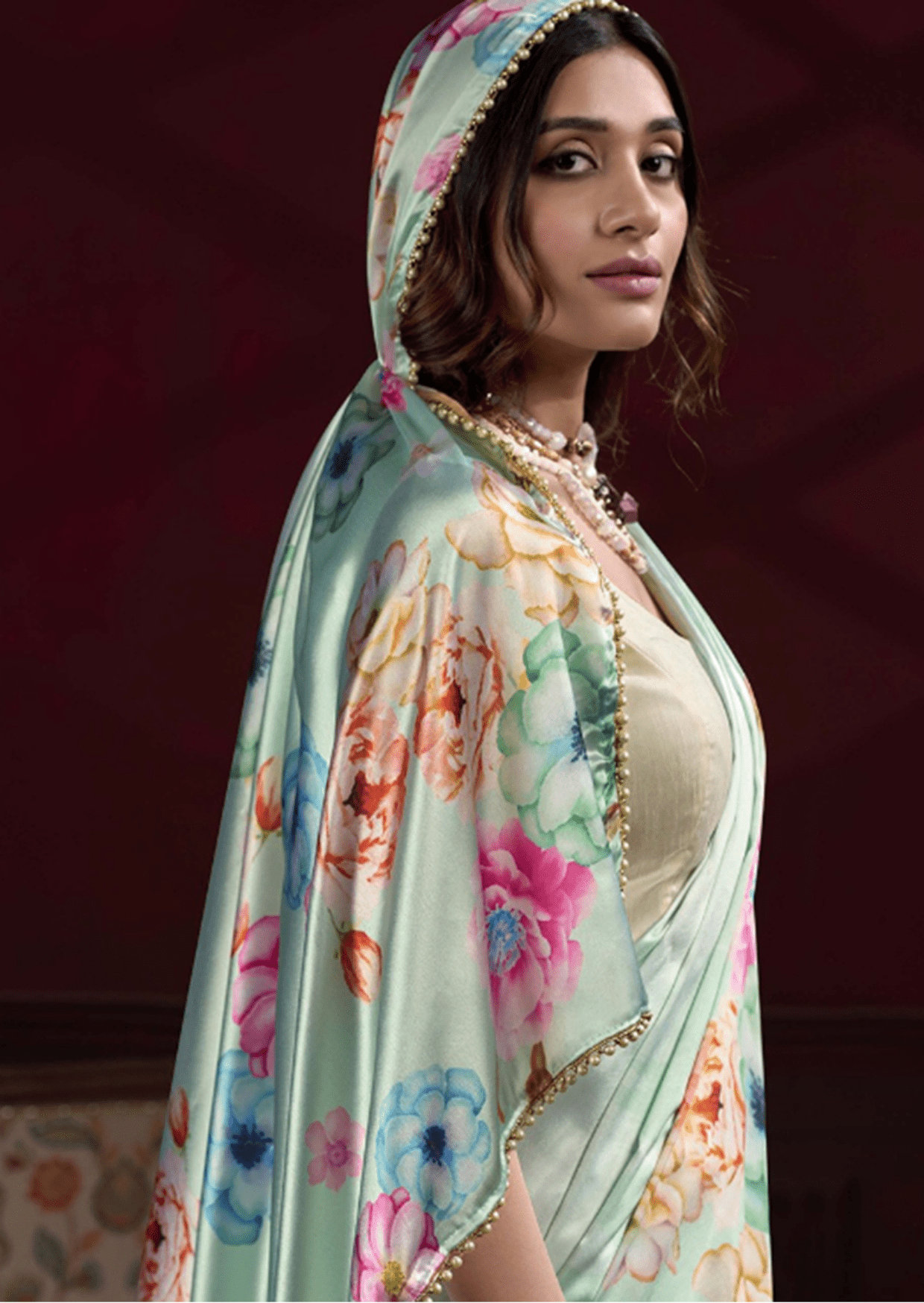 Anaya Mint Blossom Satin Silk Saree-2