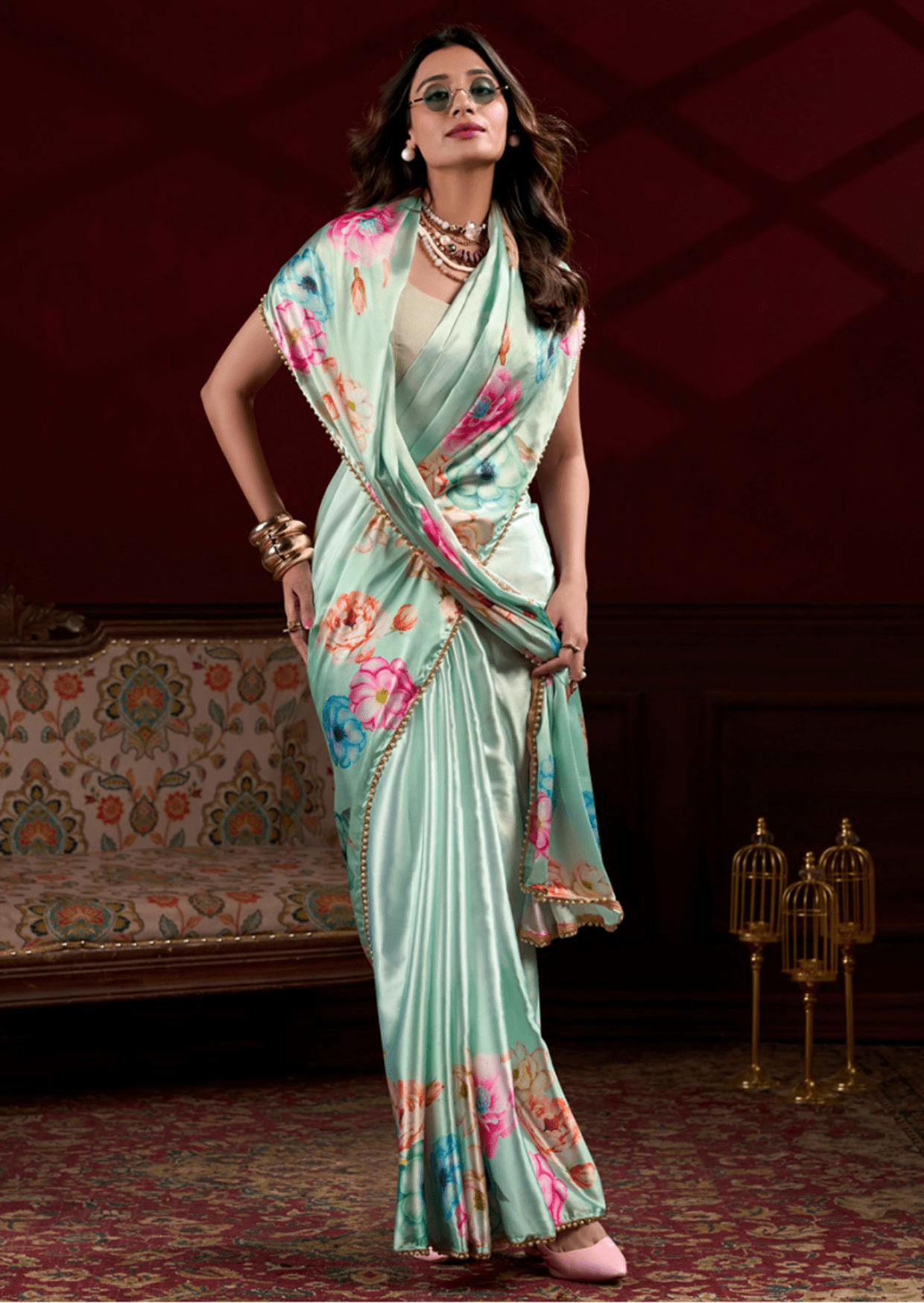 Anaya Mint Blossom Satin Silk Saree-1