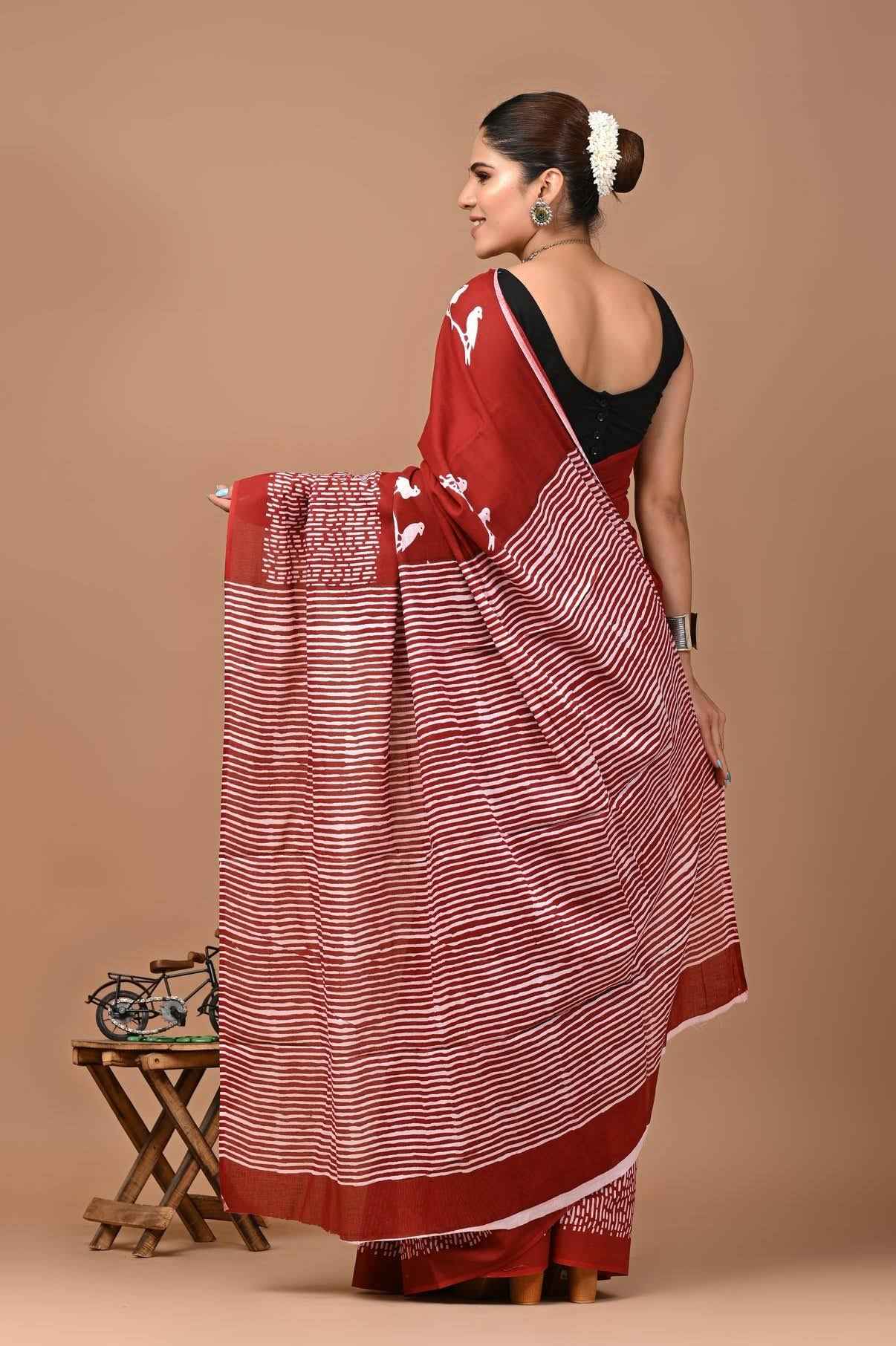 Gulmohar Grace Maroon Mulmul Cotton Saree