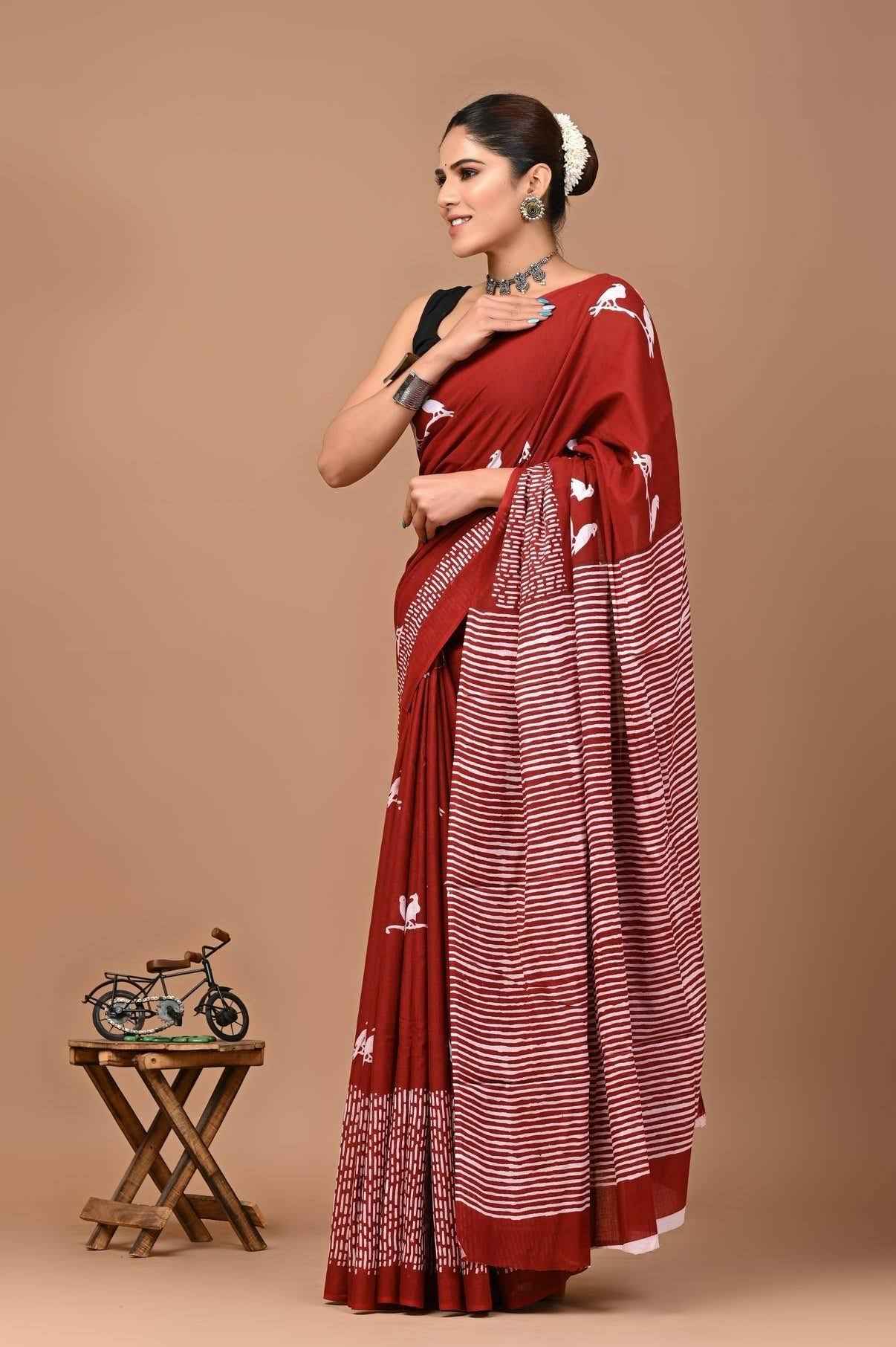 Gulmohar Grace Maroon Mulmul Cotton Saree