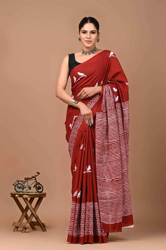 Gulmohar Grace Maroon Mulmul Cotton Saree