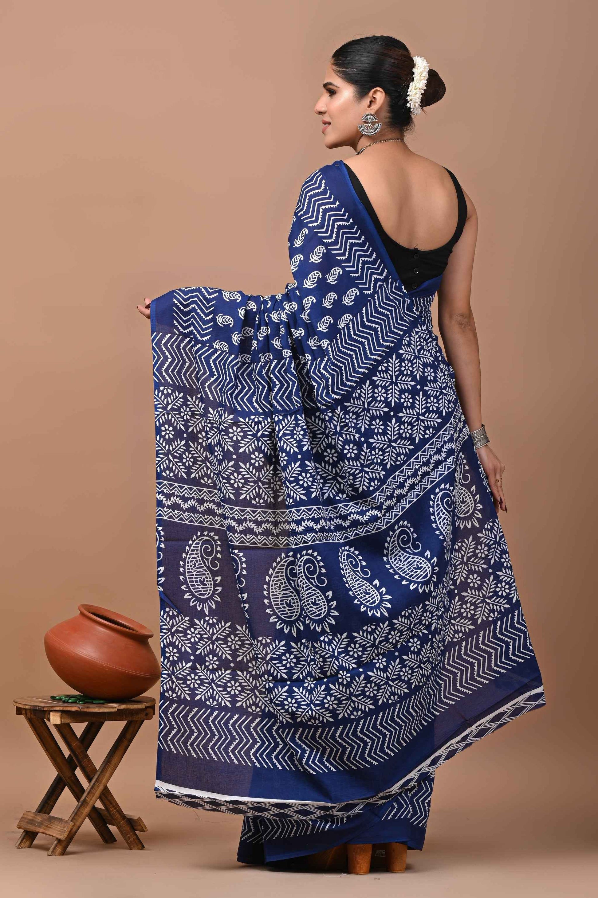 Indigo Rhythm Block Story in Mulmul Saree-1
