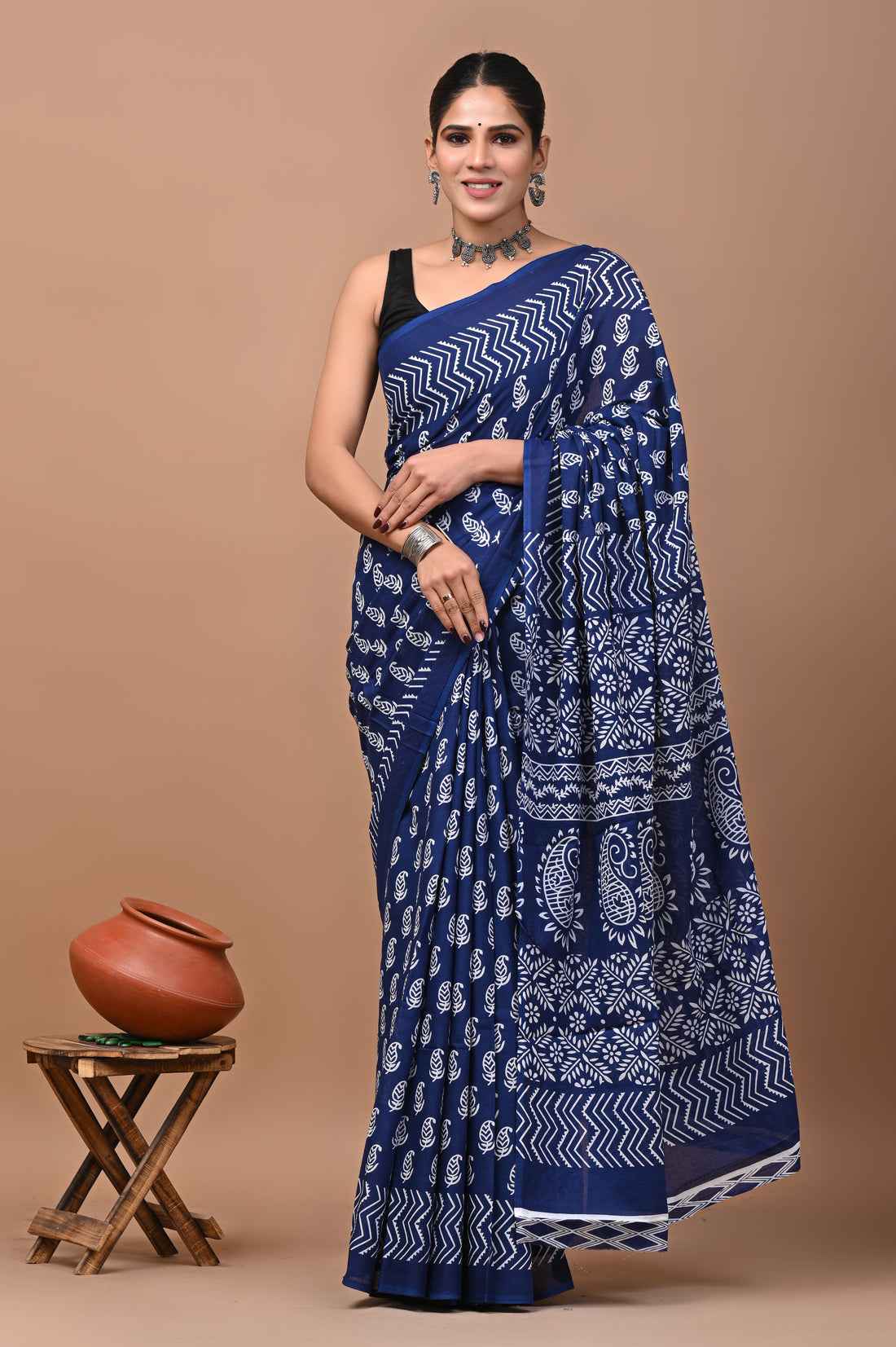 Indigo Rhythm Block Story in Mulmul Saree-3