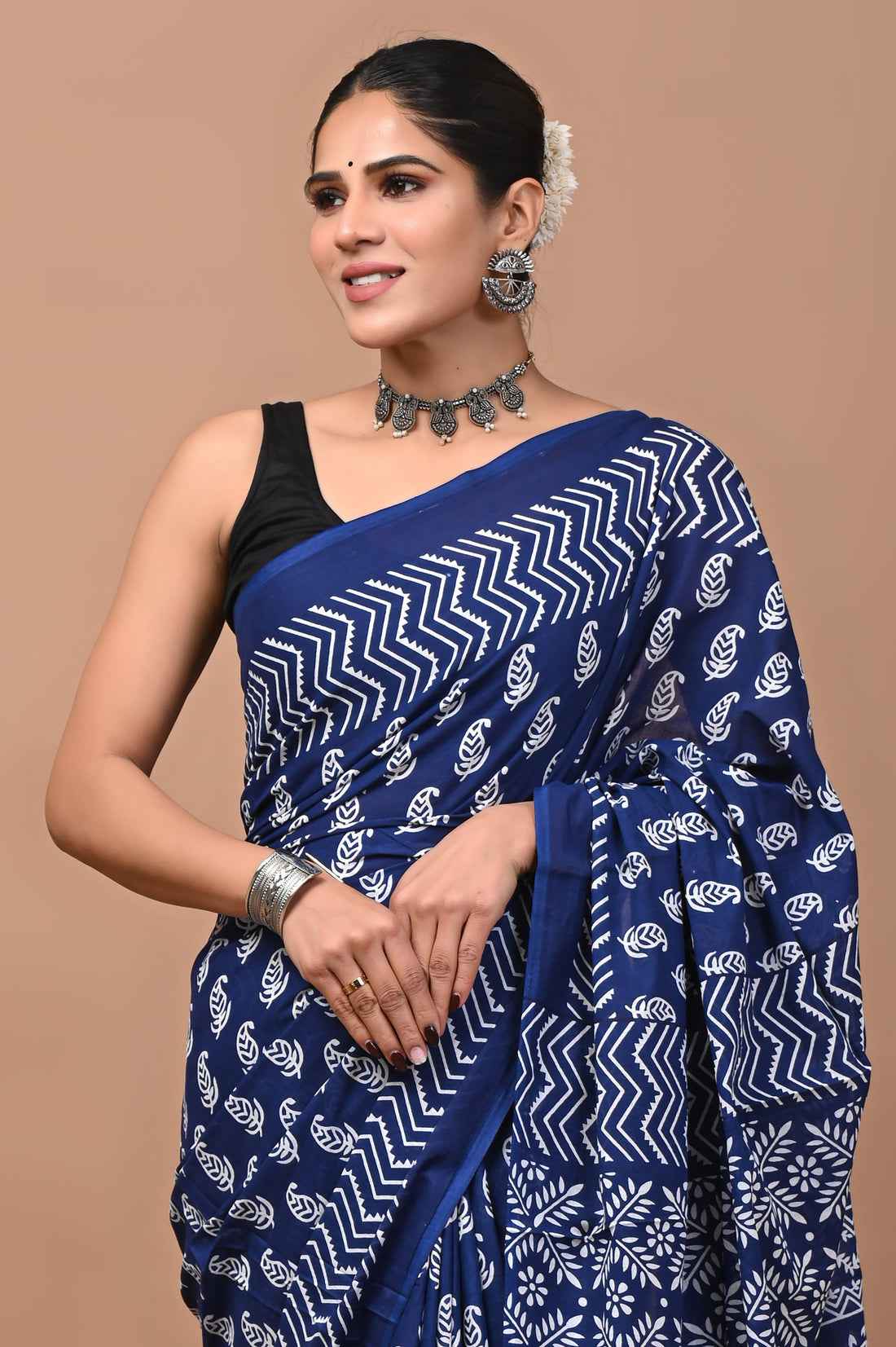 Indigo Rhythm Block Story in Mulmul Saree-0