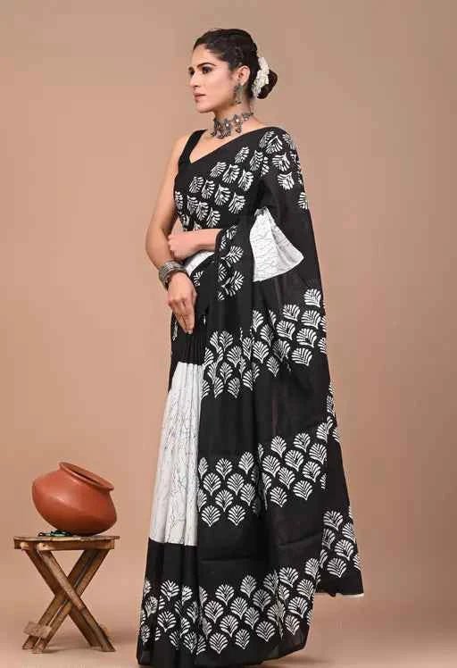 InkBloom Monochrome Mulmul Magic Saree