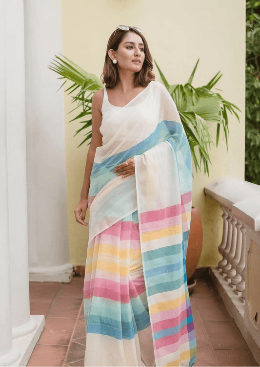 Ira Multicolor Pastel Stripe Linen Saree-0