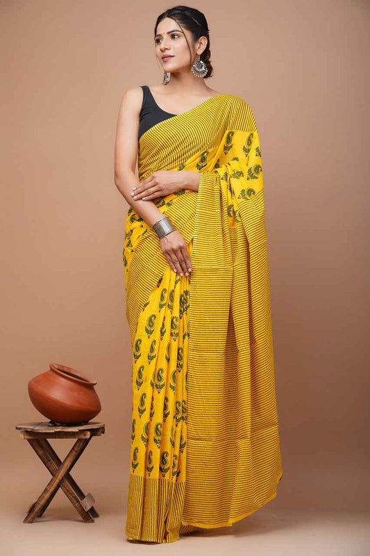 Sunburst Swirl Haldi Bloom Mulmul Cotton Saree-0