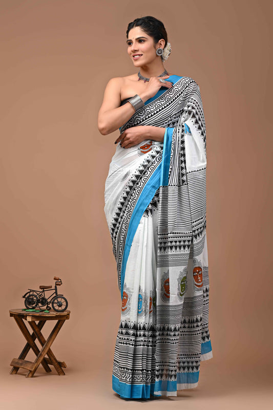 Zen Sutra Buddha Print Mulmul Cotton Saree-0